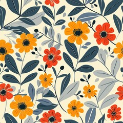 Floral Seamless Pattern with Delicate Leaves and Berries