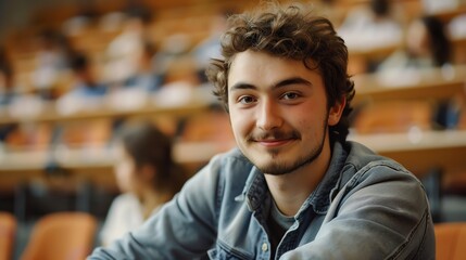 Fototapeta premium Portrait of a French caucasian happy university male student sitting in a college lecture hall