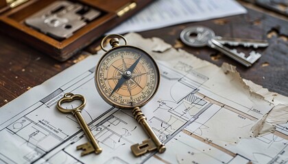 A compass and a key placed on a table surrounded by financial plans and property blueprints, symbolizing guidance and unlocking opportunities in SCI creation