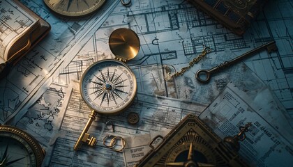 A compass and a key placed on a table surrounded by financial plans and property blueprints, symbolizing guidance and unlocking opportunities in SCI creation