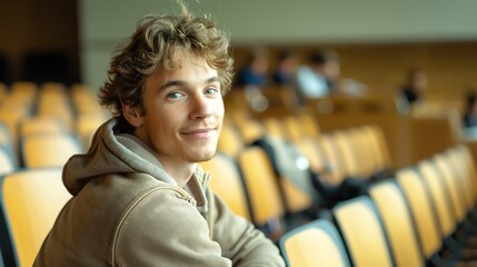 Portrait of a French caucasian happy university male student sitting in a college lecture hall