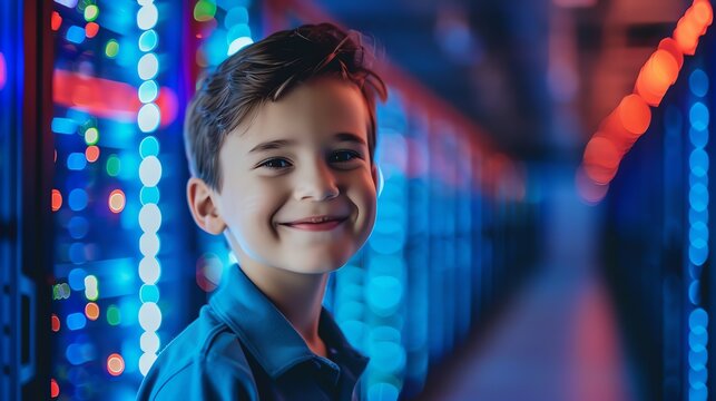 Portrait of a happy boy kid dealing with modern technology background with computer server room