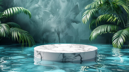 Top view of marble podium stand in swimming pool water with palm leaves. Summer tropical background for luxury product placement. Blue background for product presentation with shadows and light. Empty