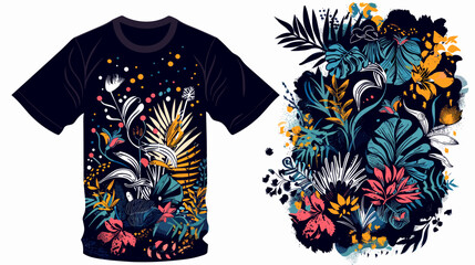 T-shirt design with tropical flowers and birds. Vector illustration.