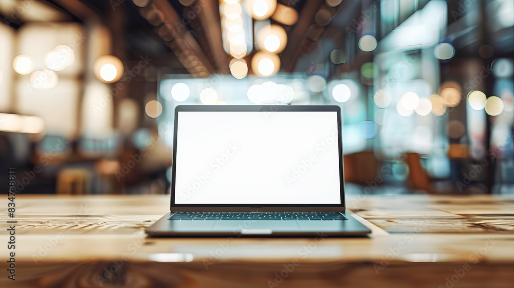Poster a laptop with a blank screen on a wooden table, in a cafe environment, concept of workspace. generat