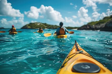 Friends kayaking around their yacht, exploring the serene waters and beautiful islands. The close-up captures their adventurous spirits and the stunning sea, with a picturesque island in the
