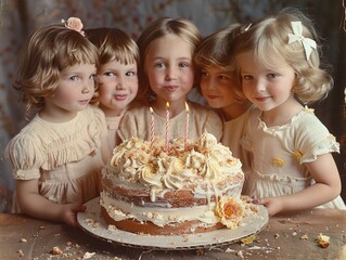 A large birthday cake surrounded by smiling children ready to blow out the candles. 
