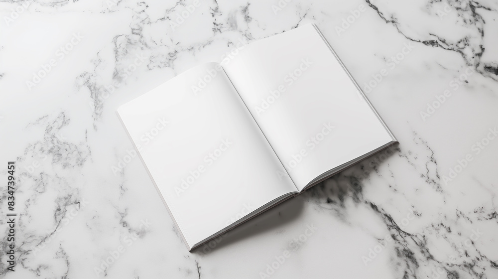 Poster An open blank book on a marble background, showcasing a clean design template for branding or portfolio concepts. Generative AI