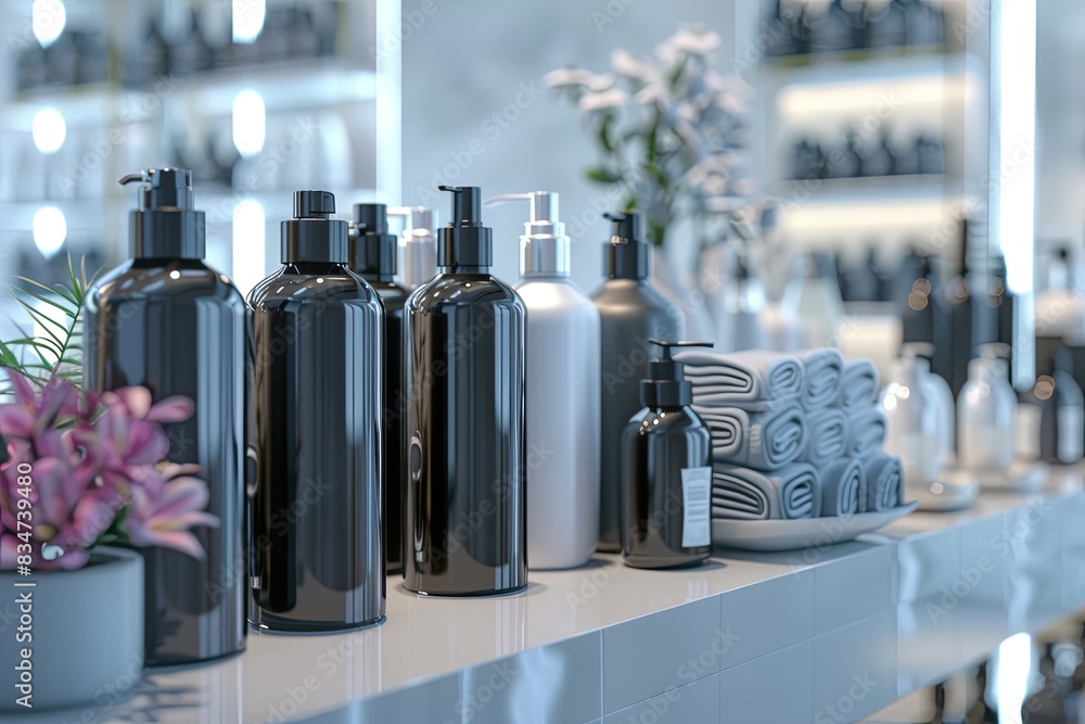 Poster stylish bottles of shampoo and conditioner sit on a clean, white shelf in a modern bathroom. generat