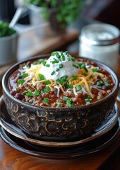 Chili - Bowl of chili with cheese, sour cream, and green onions.