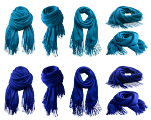 2 Set of dark light blue turquoise knit knitted woven wool fleece scarf shawl wrap with tassel, front and flat lay view on transparent PNG. Many different angle. Mockup template for artwork design