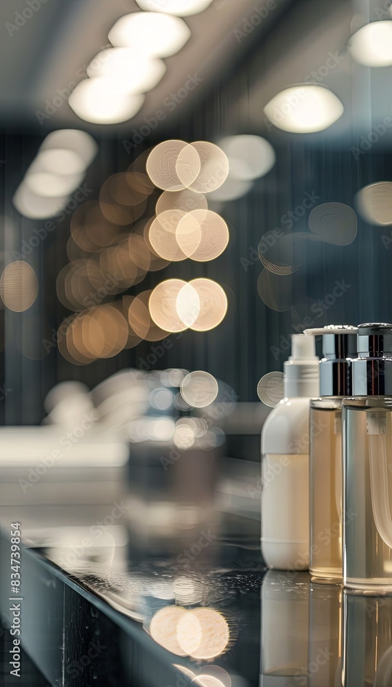 Poster close-up of stylish shampoo and conditioner bottles on a clean, modern bathroom counter. generative 