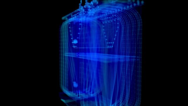 High voltage power transformer. Glowing blue light 3d model energy substation with lines, dots and particles.