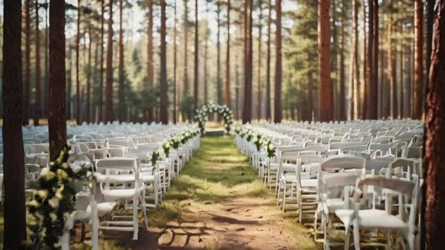 A wedding reception in a pine forest with rows of white chairs for guests.