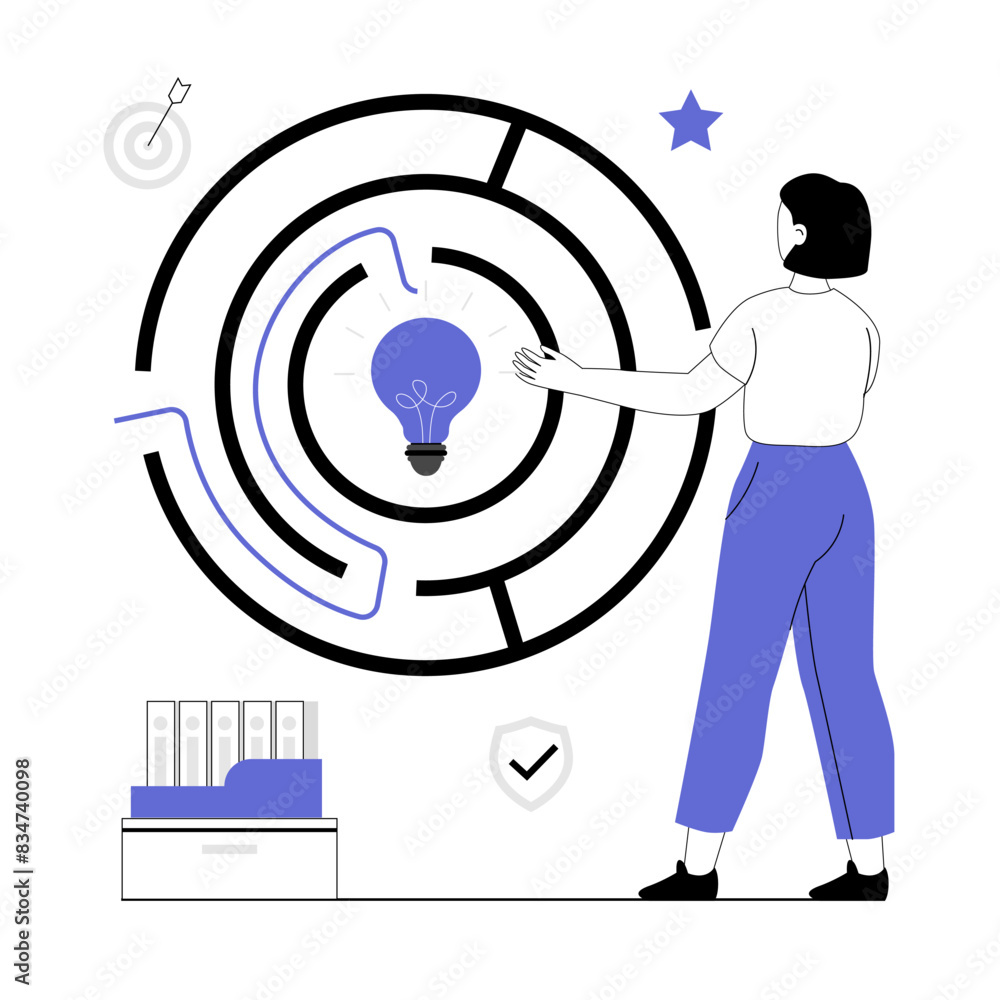 Poster finding ideas, solutions, brainstorming process. woman searching for labyrinth exit plan and drawing
