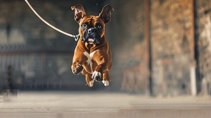 Energetic Boxer Dog Jumping Rope for Fitness and Exercise in Outdoor Setting