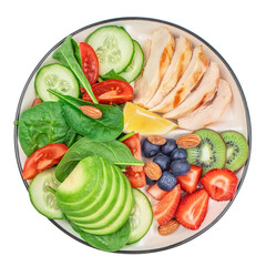 Plate of healthy food chicken fillet, avocado and salad. Complex of proteins, fats and...