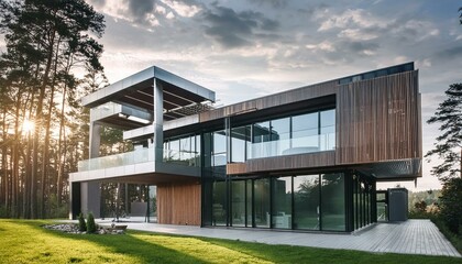 Obraz premium modern house in the city, modern house with expansive windows and metal finishes