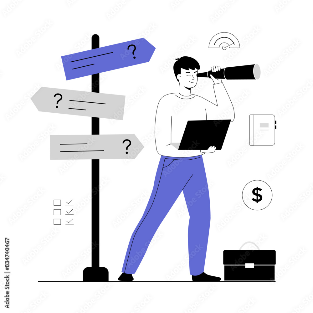 Poster finding ideas, solutions, brainstorming process. man search for right direction. business vision. ve