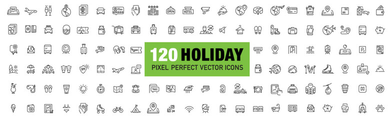 120 holiday and travel 48 x 48 pixels icons set. Air flights, camping, trekking, beach relax and winter mountain active vacations. Pixel perfect, editable stroke © yasnaten