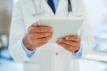 Healthcare, tablet and hands of doctor in hospital for patient diagnosis, review charts or...