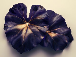 Close-up of two large, dark purple leaves with golden veins on a light background, highlighting their unique texture and color.