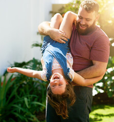 Dad, girl and playing in garden with laughing, smile and bonding on outdoor adventure for weekend...