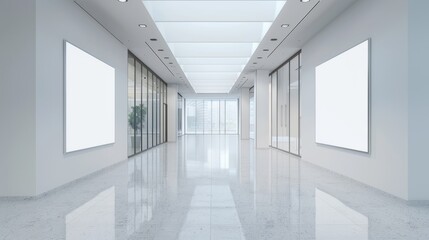 Perspective view of blank light wall in modern office corridor interior, ideal for poster or banner mockup, 3d rendering