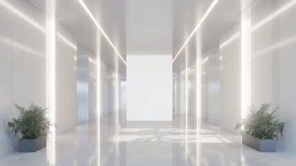 Perspective view of blank light wall in modern office corridor interior, ideal for poster or banner mockup, 3d rendering