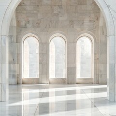 Three arched windows in a white marble room