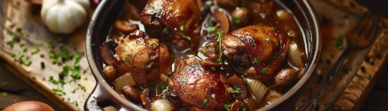 Coq au vin, chicken cooked in wine with mushrooms and onions, French farmhouse kitchen