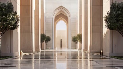 The image shows a large, open courtyard with a marble floor and arched doorways.