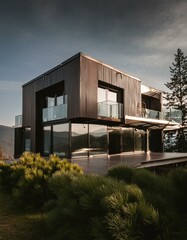Fototapeta premium modern office building in night, modern house with expansive windows and metal finishes