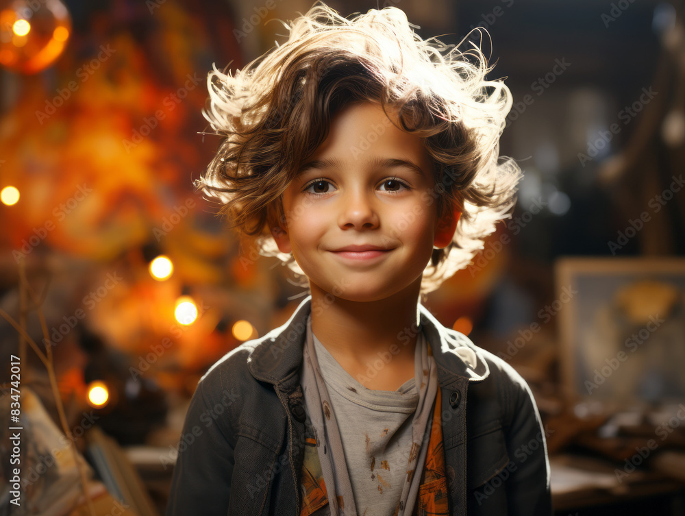 Poster A smiling child with dynamic hair, warm background with bokeh lights, embodying a joyful concept. Generative AI