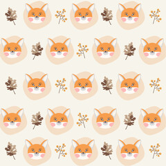 Cute Fox Head Pattern, Leaf Pattern, Vector Illustration. Cartoon character design. background. vector illustration, animal cartoon pattern.