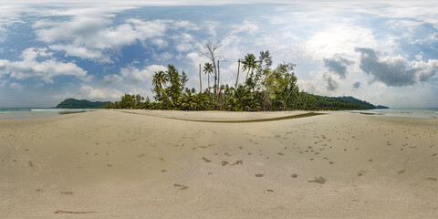 360 panorama of tropical island with palm trees on sandy beach in ocean or sea on sunny day.