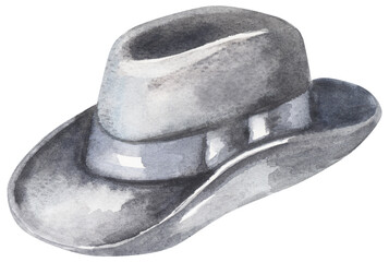 1940s Fedora Vintage Grey Felt Hat. Watercolor hand drawing painted illustration.