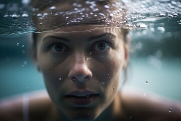 A woman is underwater with her face showing