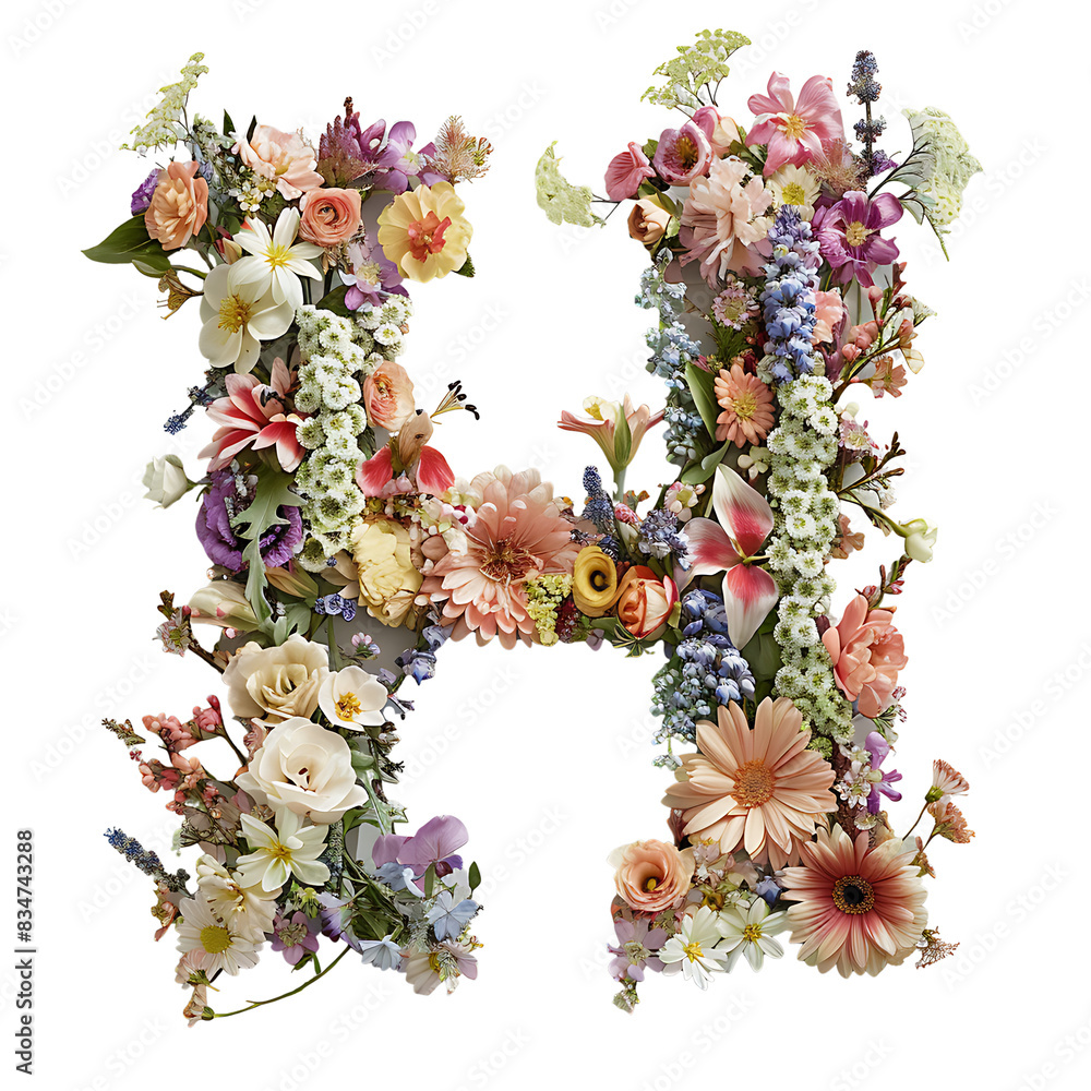 Fototapete elegant shot of text letters h crafted in flowers on a clean, isolated on transparent background