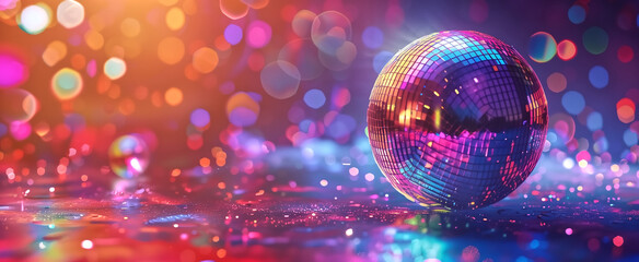 Disco ball sphere with colorful disco lights for party nights , - Powered by Adobe