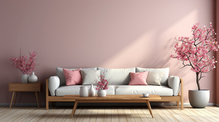 Poster mockup design concept of a sofa set and flower tree vase against pastel pink color blank wall, living room poster mockup