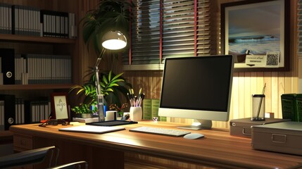 Modern home office workspace with desk supplies, laptop, and coffee mug on a clean desk in a bright, minimalistic environment