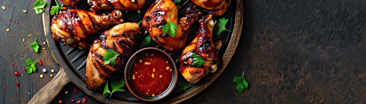 Grilled chicken with Thai herbs, served with spicy tamarind sauce, family backyard barbecue