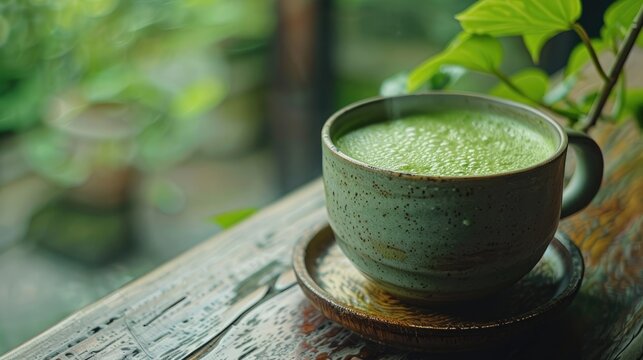 A cup of matcha latte with green milk foam on a wooden table in a cafe. A fashionable drink, an alternative to coffee, cappuccino.