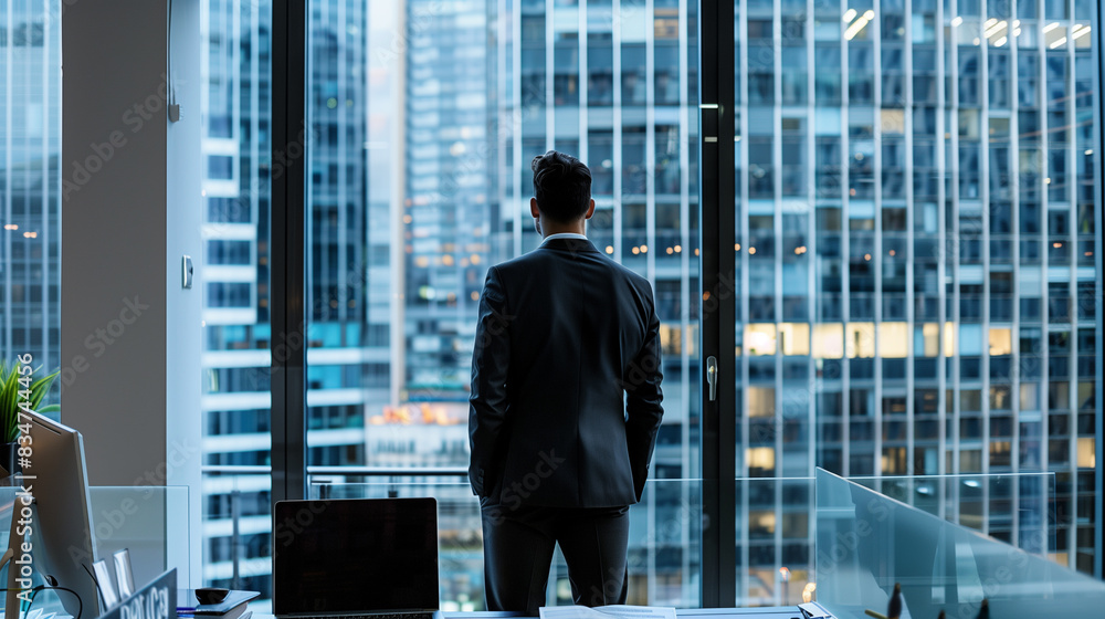 Poster a man in a suit is sitting at a desk with a laptop in front of him. he is looking out the window at 