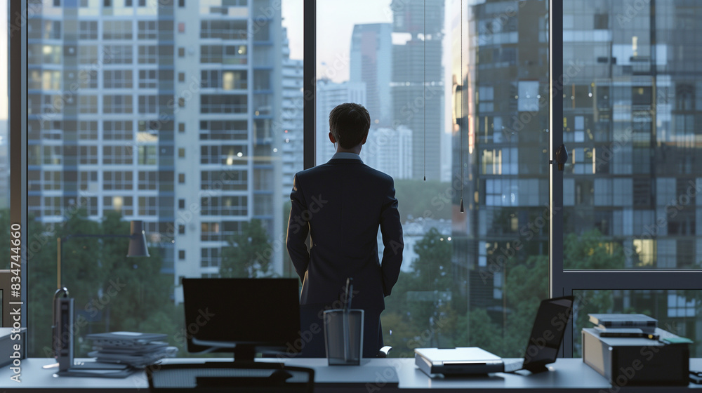 Poster a man in a suit is sitting at a desk with a laptop in front of him. he is looking out the window at 