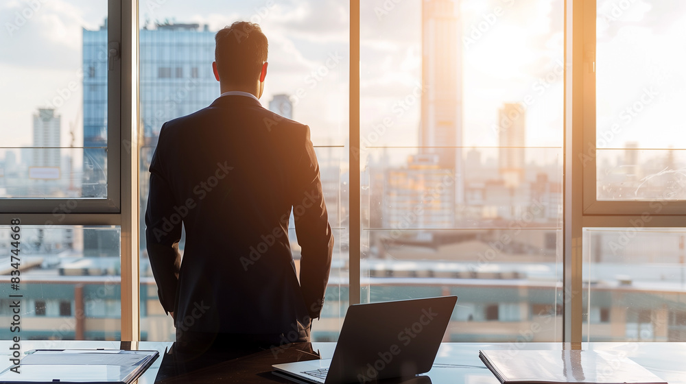 Poster a man in a suit is sitting at a desk with a laptop in front of him. he is looking out the window at 