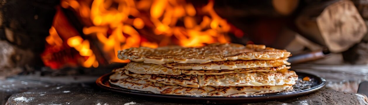 Kosovar flija, layered pancake with cream, cooked over an open flame, rural setting, traditional stone oven, family gathering