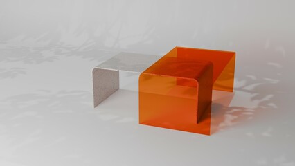A minimalist, two-tone table composed of a glossy, white, organic form and a bright, orange, angular acrylic block, creating a striking juxtaposition of materials and shapes.