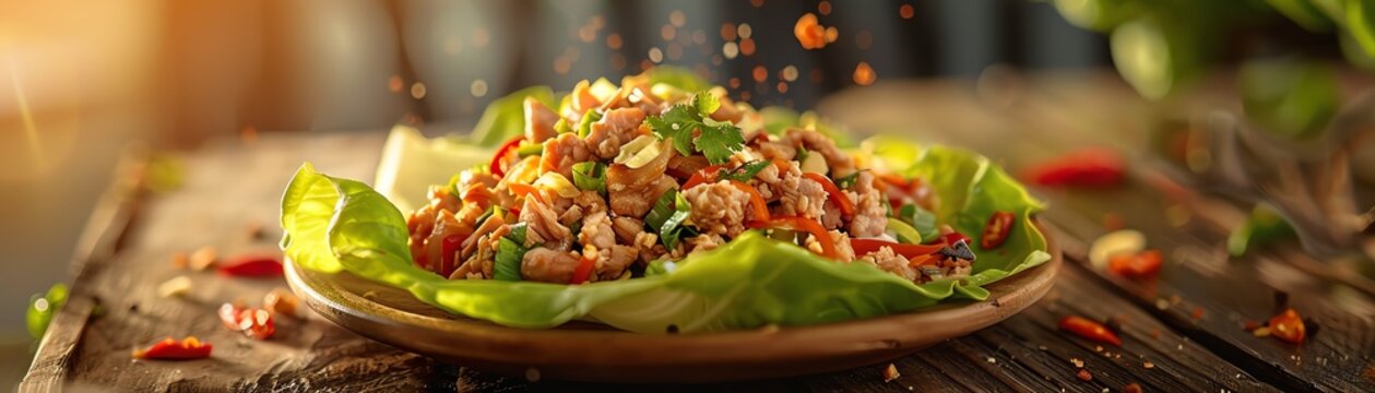 Larb gai, spicy minced chicken salad, served in a lettuce wrap, rustic wooden table, soft sunset lighting